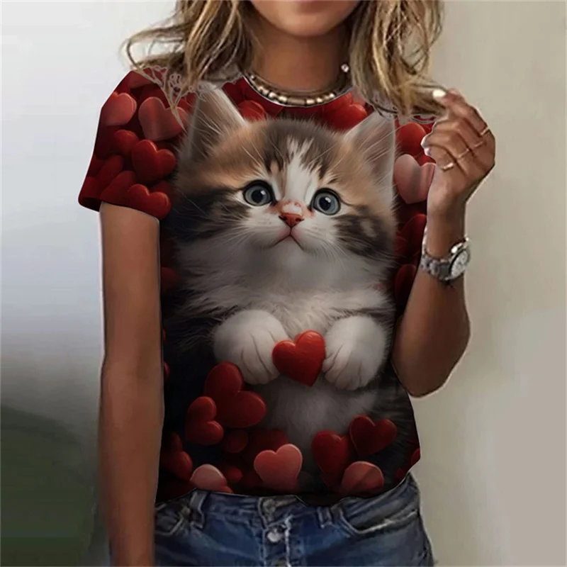 Fashion Street Cat - 여성용 귀여운 고양이 패턴 반팔 라운드넥