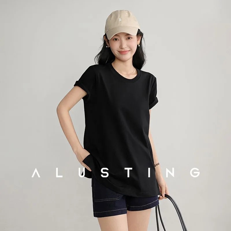 Longline Tee Oversized - 여름 여성용 티셔츠 크루넥 롤업 반팔
