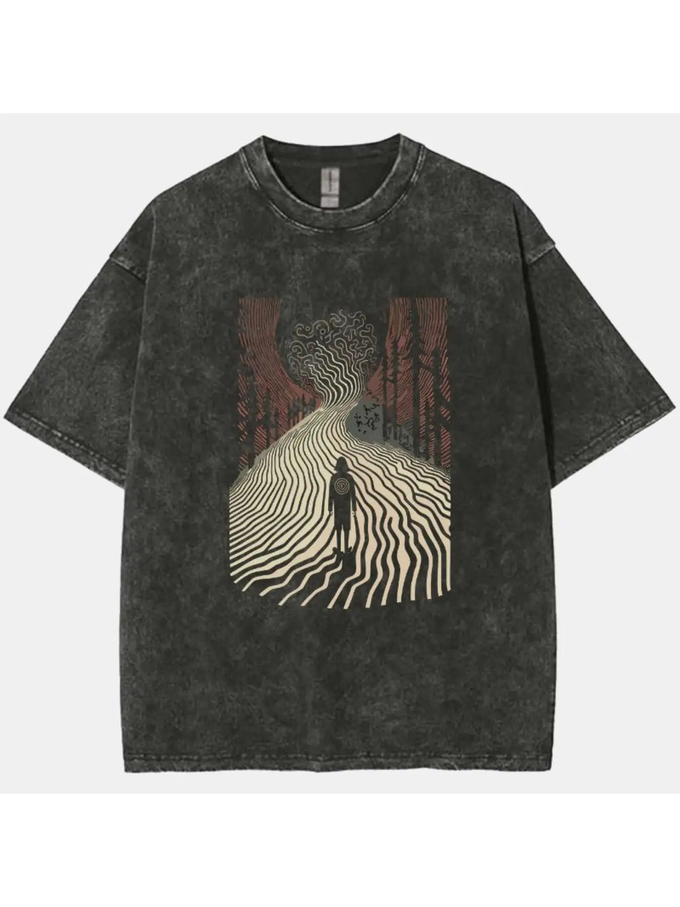 Longline Tee Oversized - 베이지색과 갈색 추상 라인 아트 프린트가