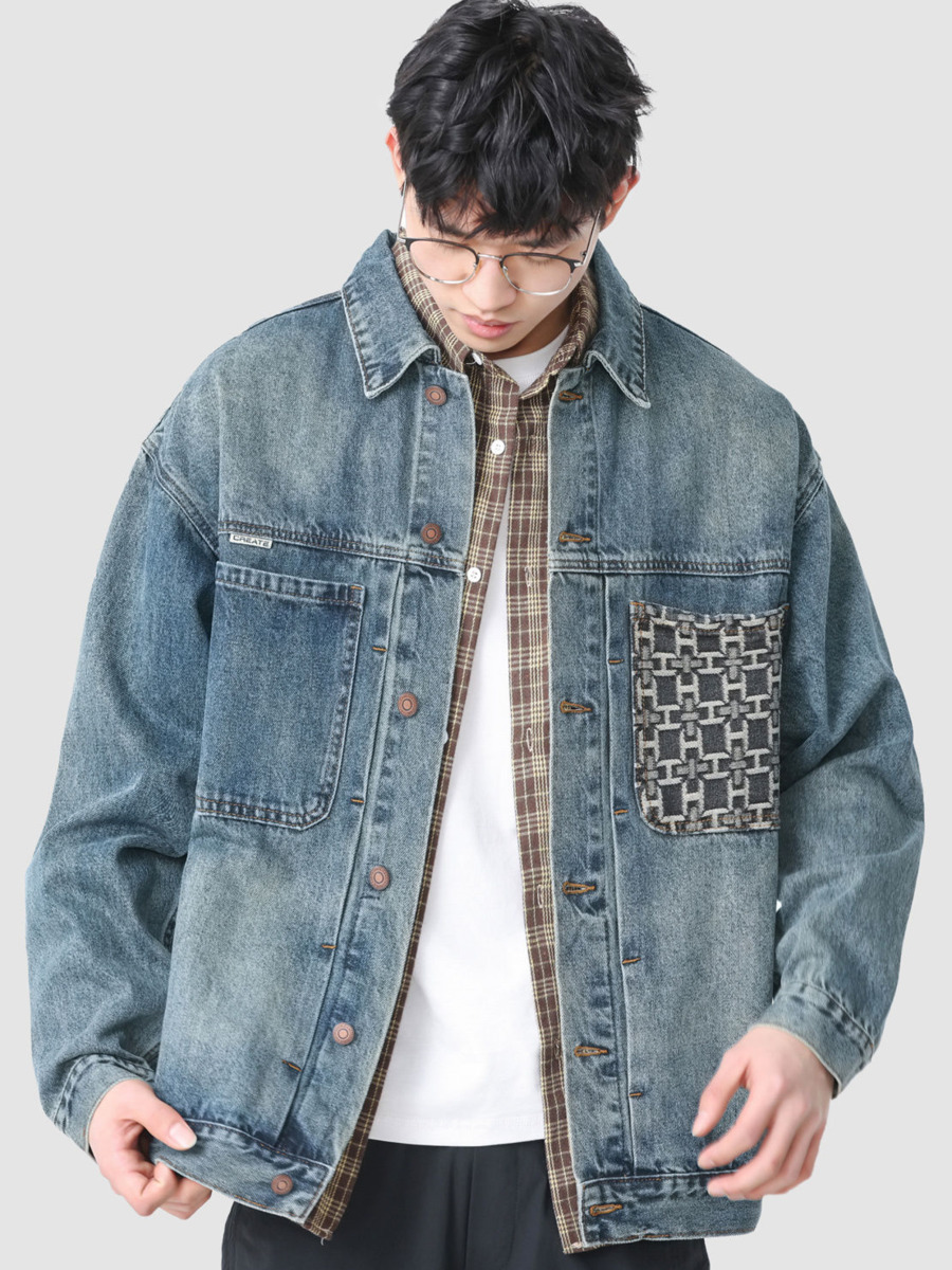 Street Fashion Hong Kong - 남성용 빈티지 자수 포켓 데님 재킷,