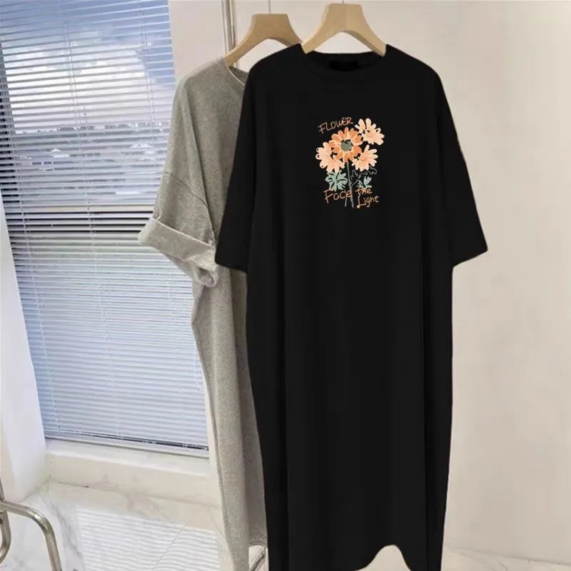 Longline Tee Oversized - 여성용 플라워 프린트 오버사이즈 티셔츠 드레스