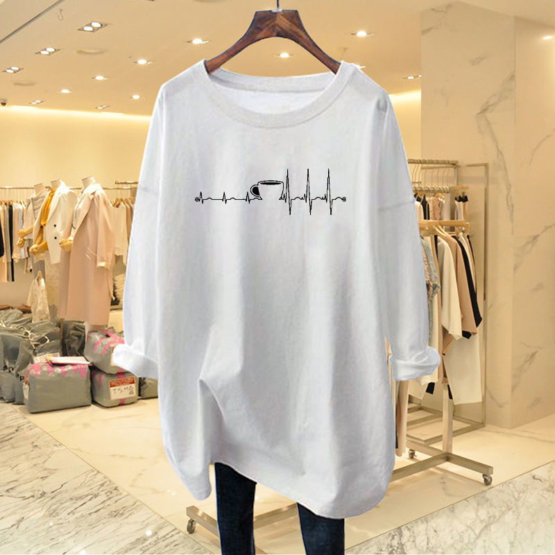 Longline Tee Oversized - 여성용 순면 O넥 긴팔 티셔츠, 캐주얼