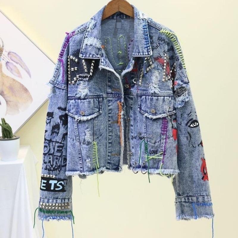 Street Fashion Graffiti - 트렌디한 그래피티 캐주얼 데님 숏 재킷