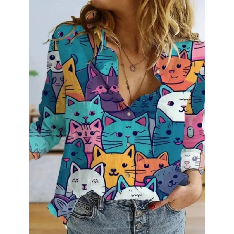 Fashion Street Cat - 귀여운 동물 프린트 셔츠 상의, 만화