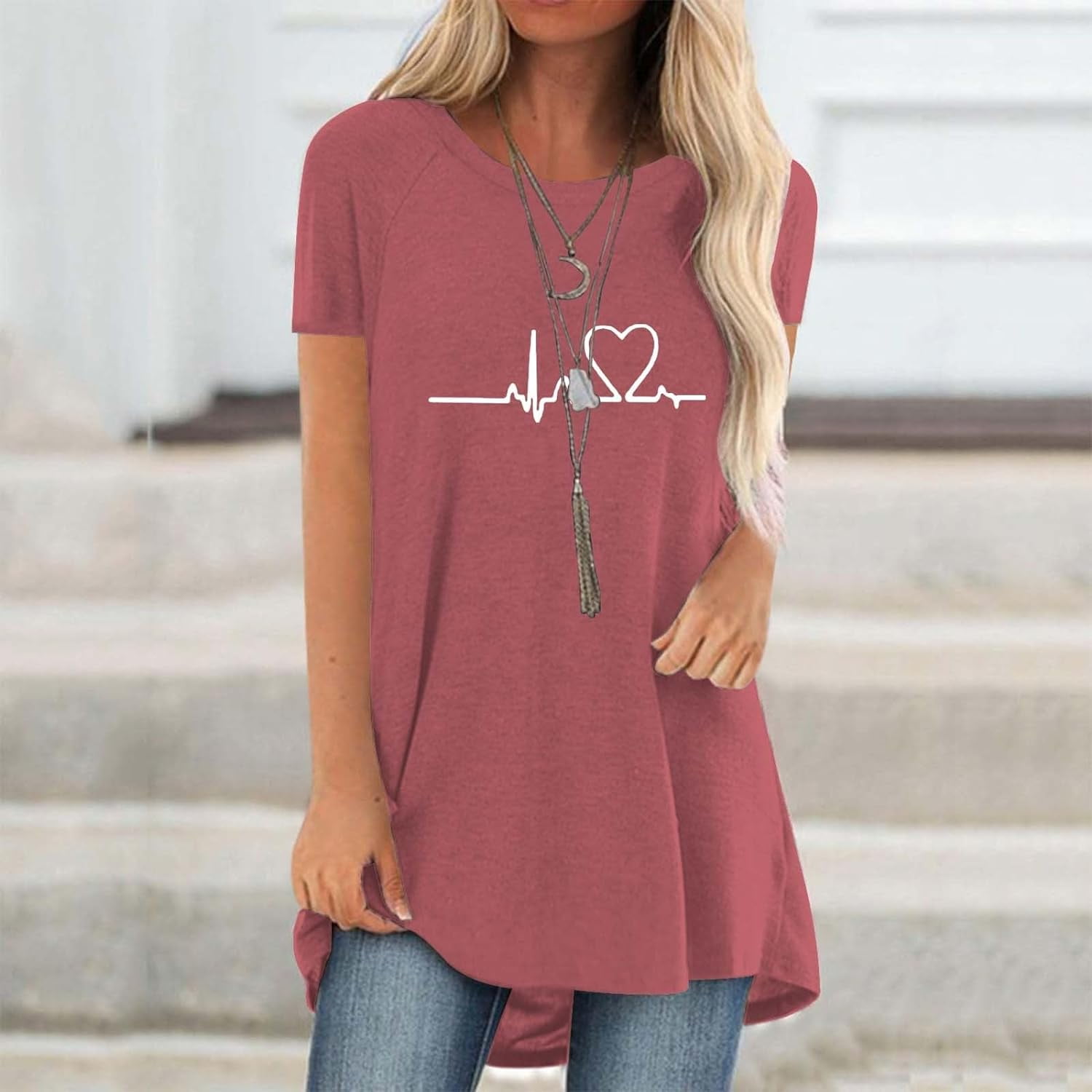 Longline Tee Oversized - 라인 러브 그래픽 3D 프린트 티셔츠,