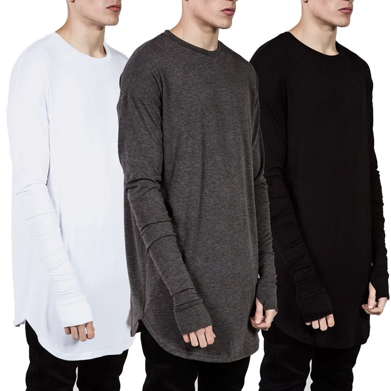 Longline Tee Oversized - 남성 롱라인 엄지손가락 구멍 긴팔 티셔츠