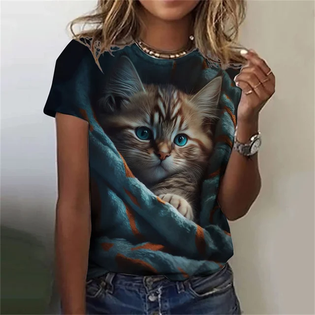 여성용 귀여운 고양이 패턴 반팔 라운드넥 상의, 3D  - Fashion Street Cat 리뷰 및 가격
