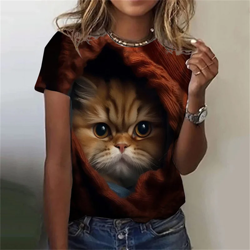 여성용 귀여운 고양이 패턴 반팔 라운드넥 상의, 3D  - Fashion Street Cat 리뷰 및 가격