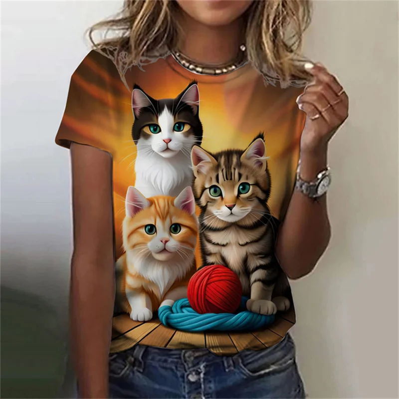 여성용 귀여운 고양이 패턴 반팔 라운드넥 상의, 3D  - Fashion Street Cat 리뷰 및 가격