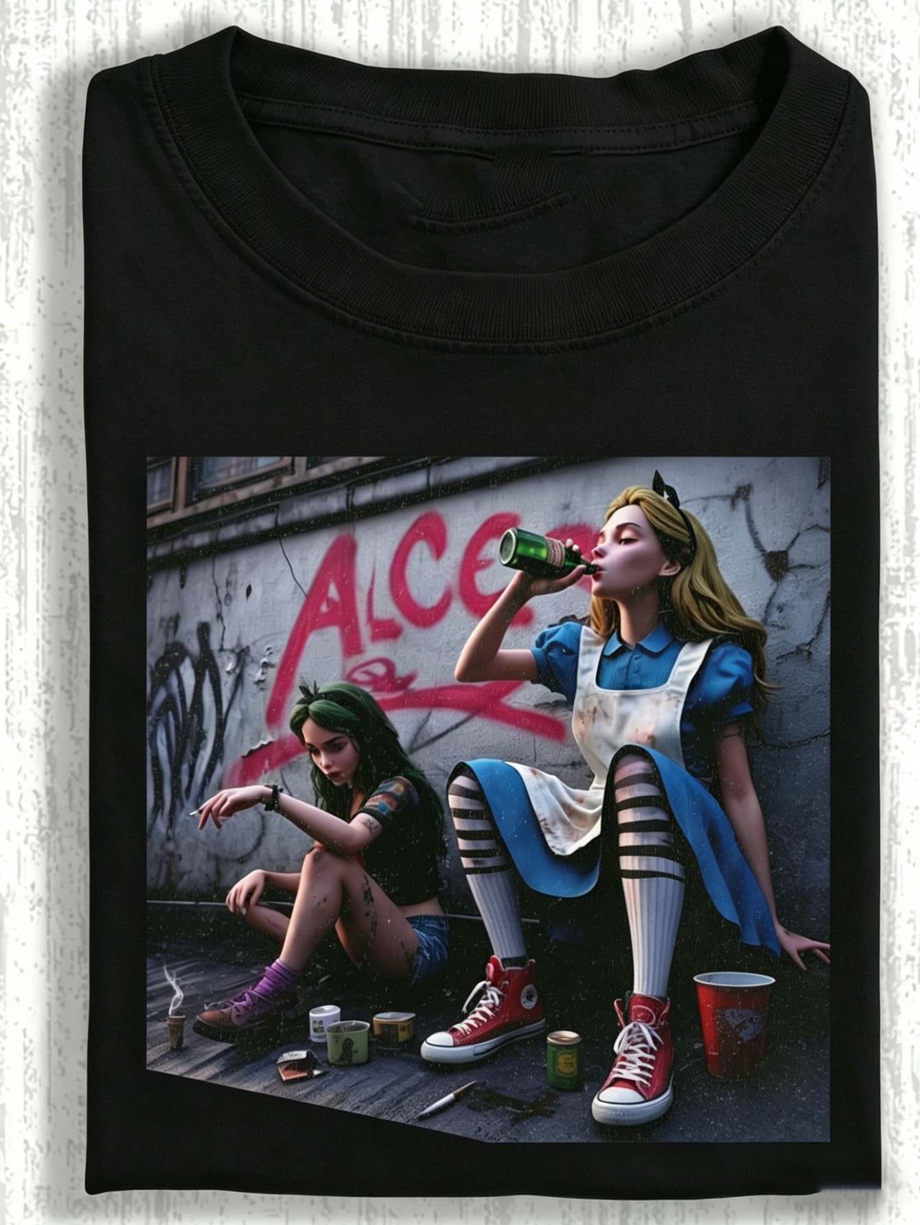 더블 비비드 반항적인 캐릭터 프린트 티셔츠, 디스트레스 - Street Fashion Graffiti 리뷰 및 가격
