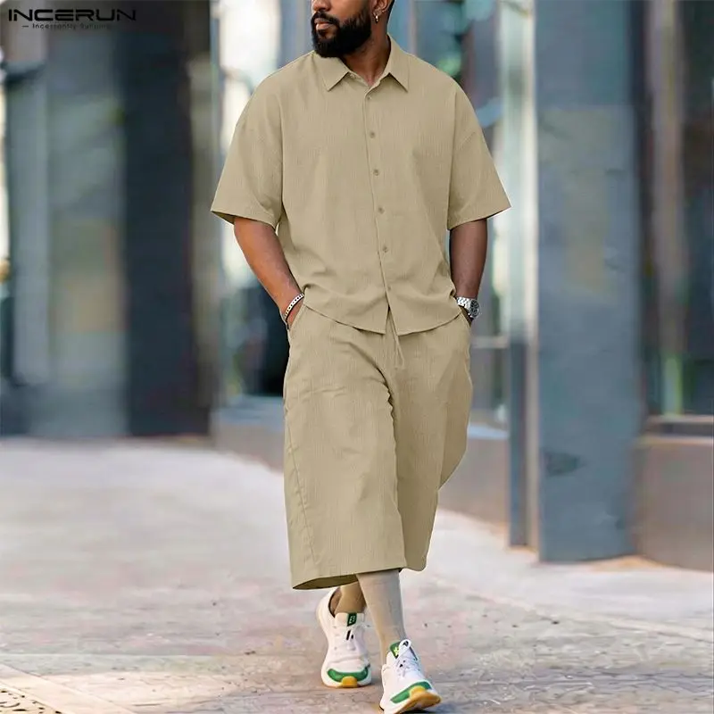 INCERUN 남성 세트 솔리드 라펠 반팔 셔츠 바지  - Fashion Streetwear 리뷰 및 가격