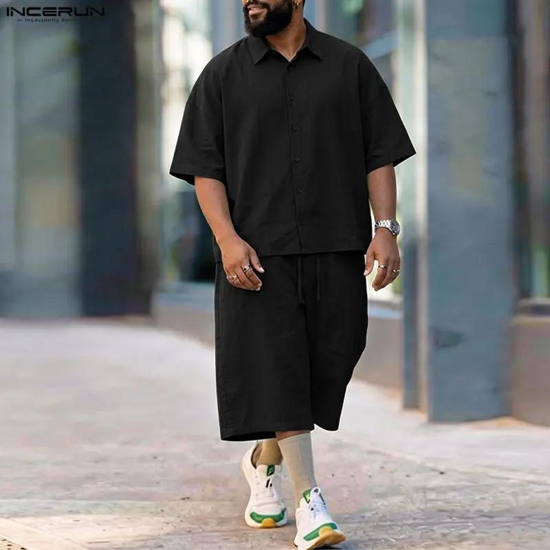 INCERUN 남성 세트 솔리드 라펠 반팔 셔츠 바지  - Fashion Streetwear 리뷰 및 가격