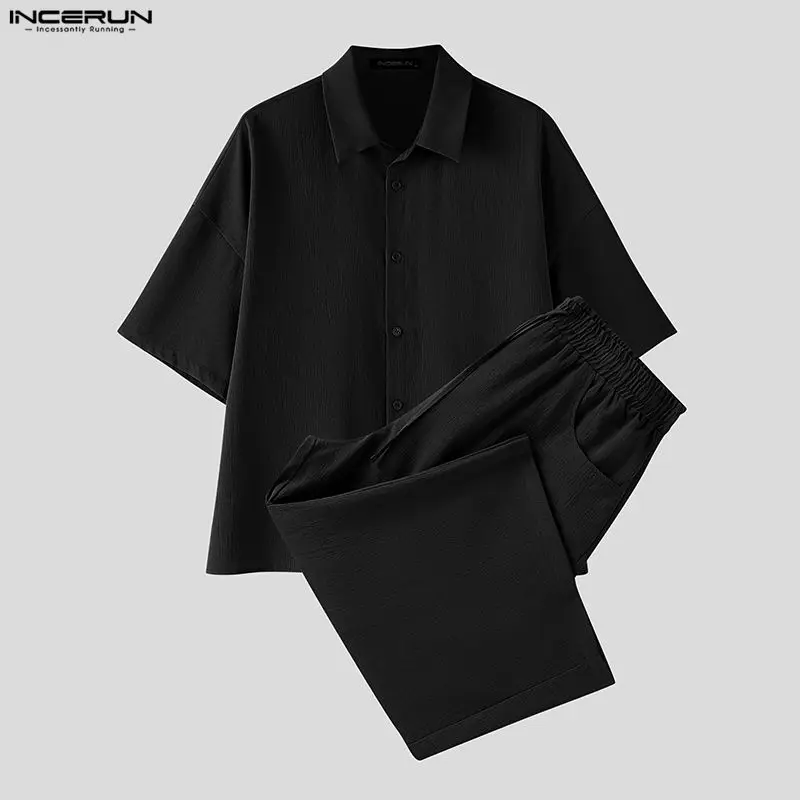 INCERUN 남성 세트 솔리드 라펠 반팔 셔츠 바지  - Fashion Streetwear 리뷰 및 가격