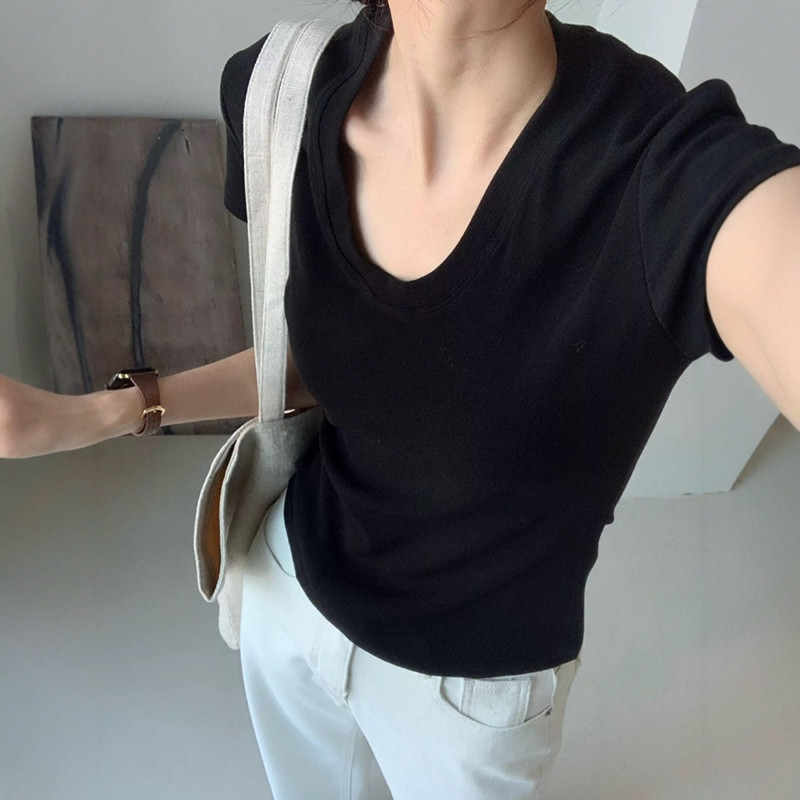 U 넥 어깨 짧은 소매 티셔츠 여성 여름 슬림 피팅 우 - Fashion Streetwear 리뷰 및 가격