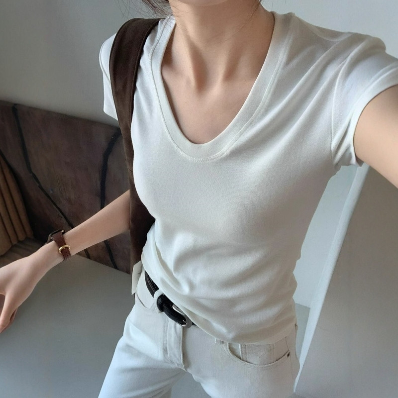 U 넥 어깨 짧은 소매 티셔츠 여성 여름 슬림 피팅 우 - Fashion Streetwear 리뷰 및 가격