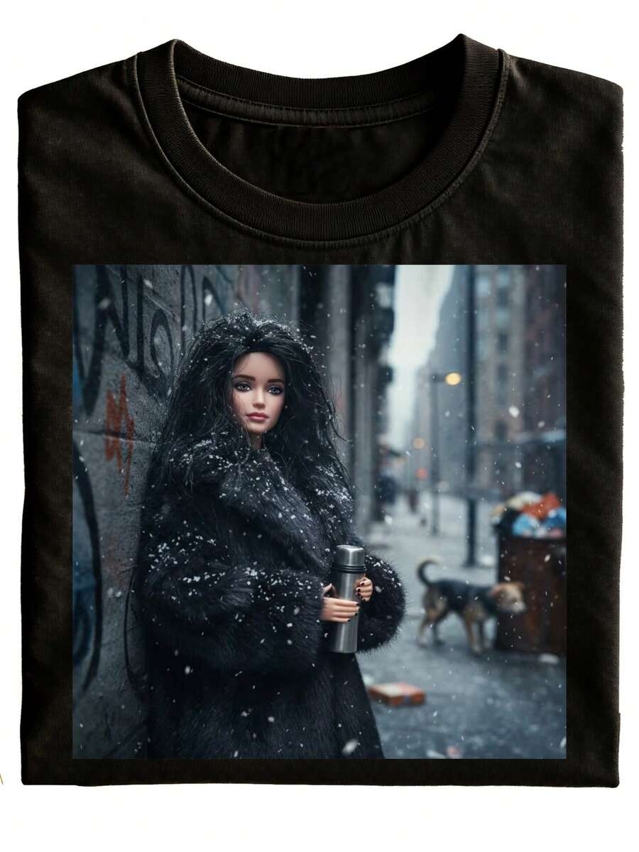 스노우 스트리트 앤 블랙 퍼 코트 패턴 티셔츠, 캐주얼 - Street Fashion Urban 리뷰 및 가격