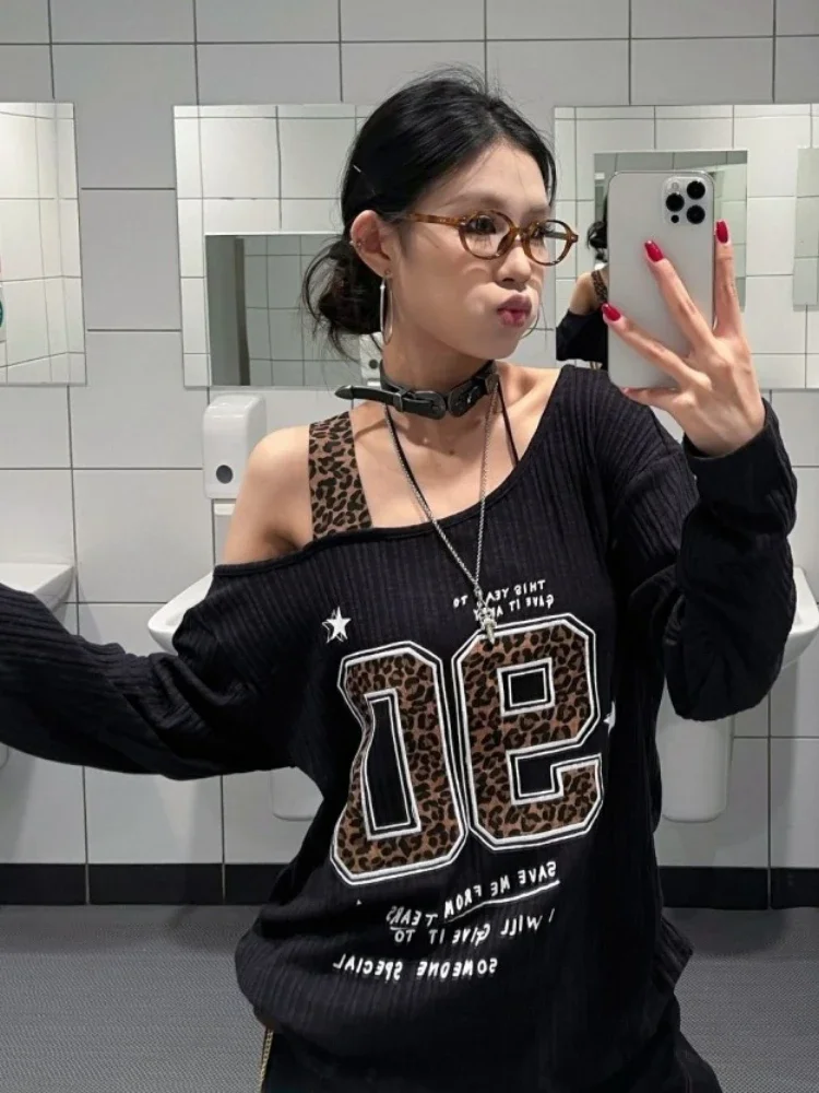 Y2K 패치워크 레오파드 프린트 티셔츠 여성 루즈핏 스 - Fashion Streetwear 리뷰 및 가격