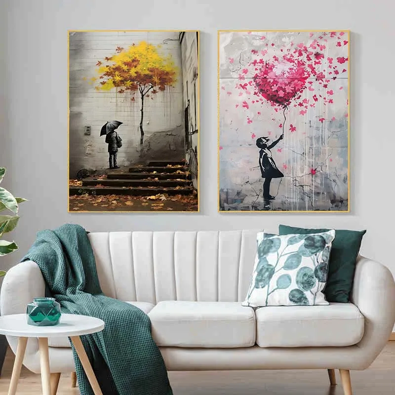Banksy 낙서 소년 소녀 캔버스에 풍선 포스터 인쇄 - Street Fashion Poster 리뷰 및 가격