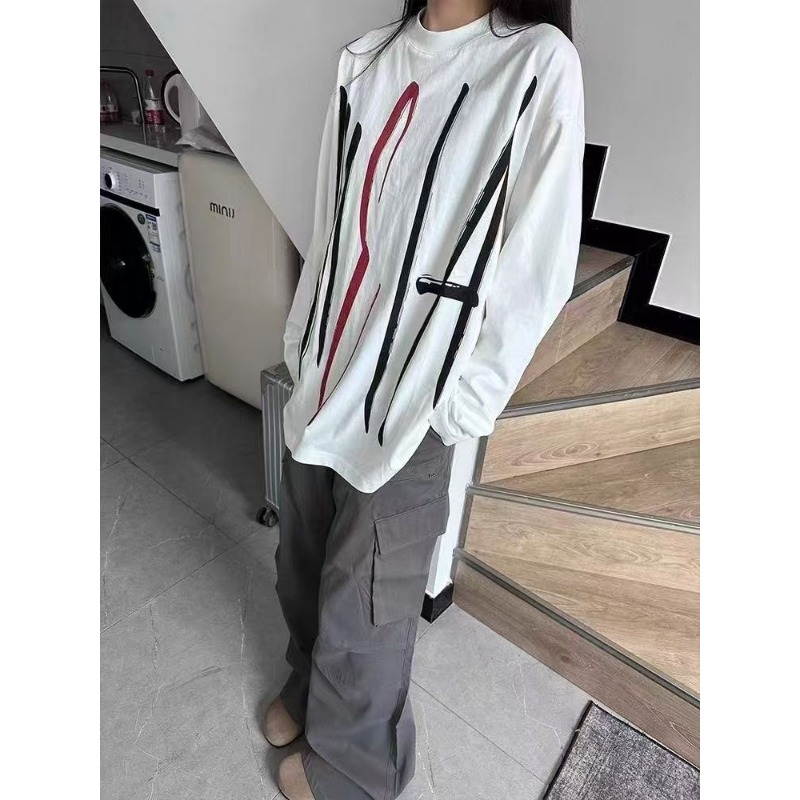 여성용 오버사이즈 크루넥 추상 라인 프린트 앞뒤 디자인 - Longline Tee Oversized 리뷰 및 가격